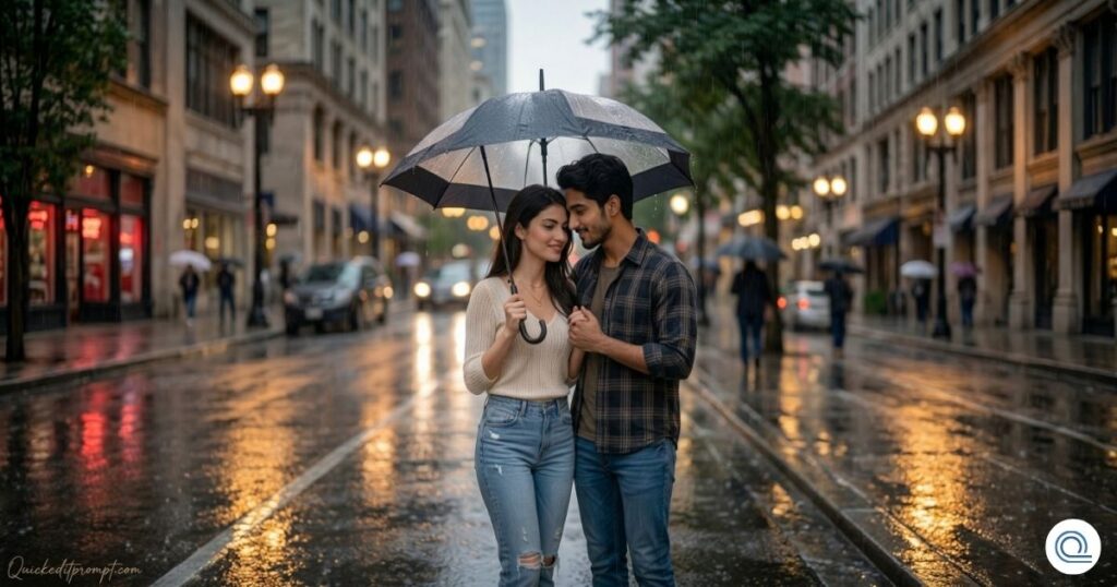 Rainy Day Love Story Couple Photo - Gemini Prompt for Couple Photo