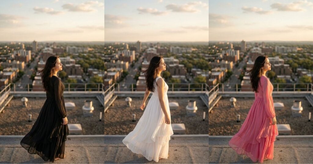 Rooftop Sunset Wide-Shot Portrait - Gemini Prompts for Girls